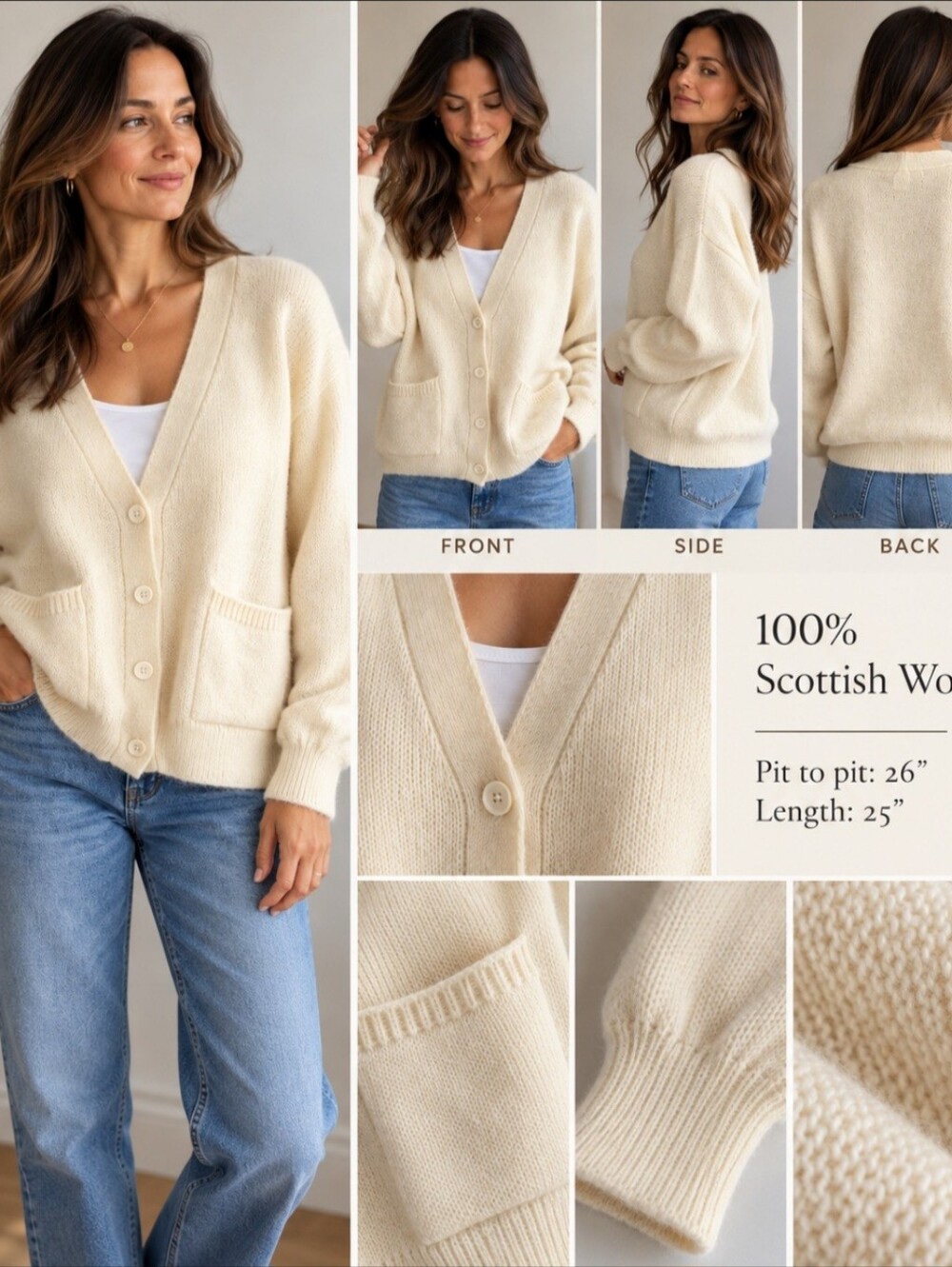 VEGETABLE 100% Scottish Wool Knit Cream Oersize V-Neck Button Cardigan Sweater M